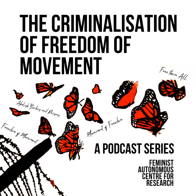 The Criminalisation of Freedom of Movement: A Podcast series by the Feminist Autonomous Centre for research. Image shows orange monarch butterflies in migratory flight over barbed wire fences